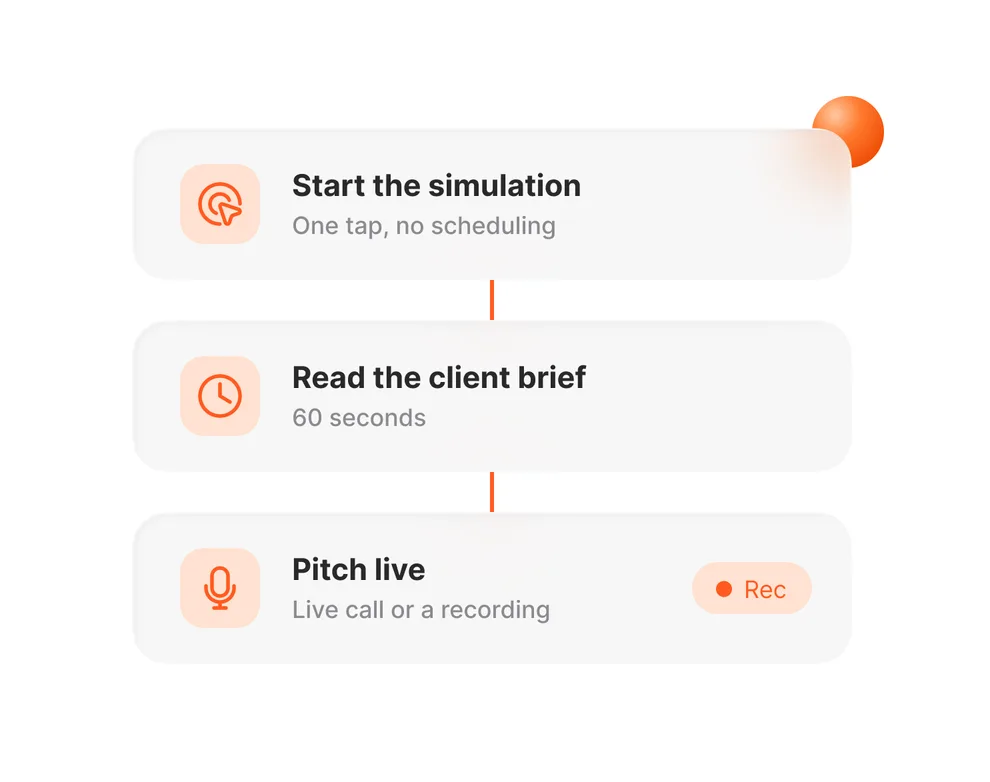 Three role play steps: start the simulation, read the client brief, pitch live